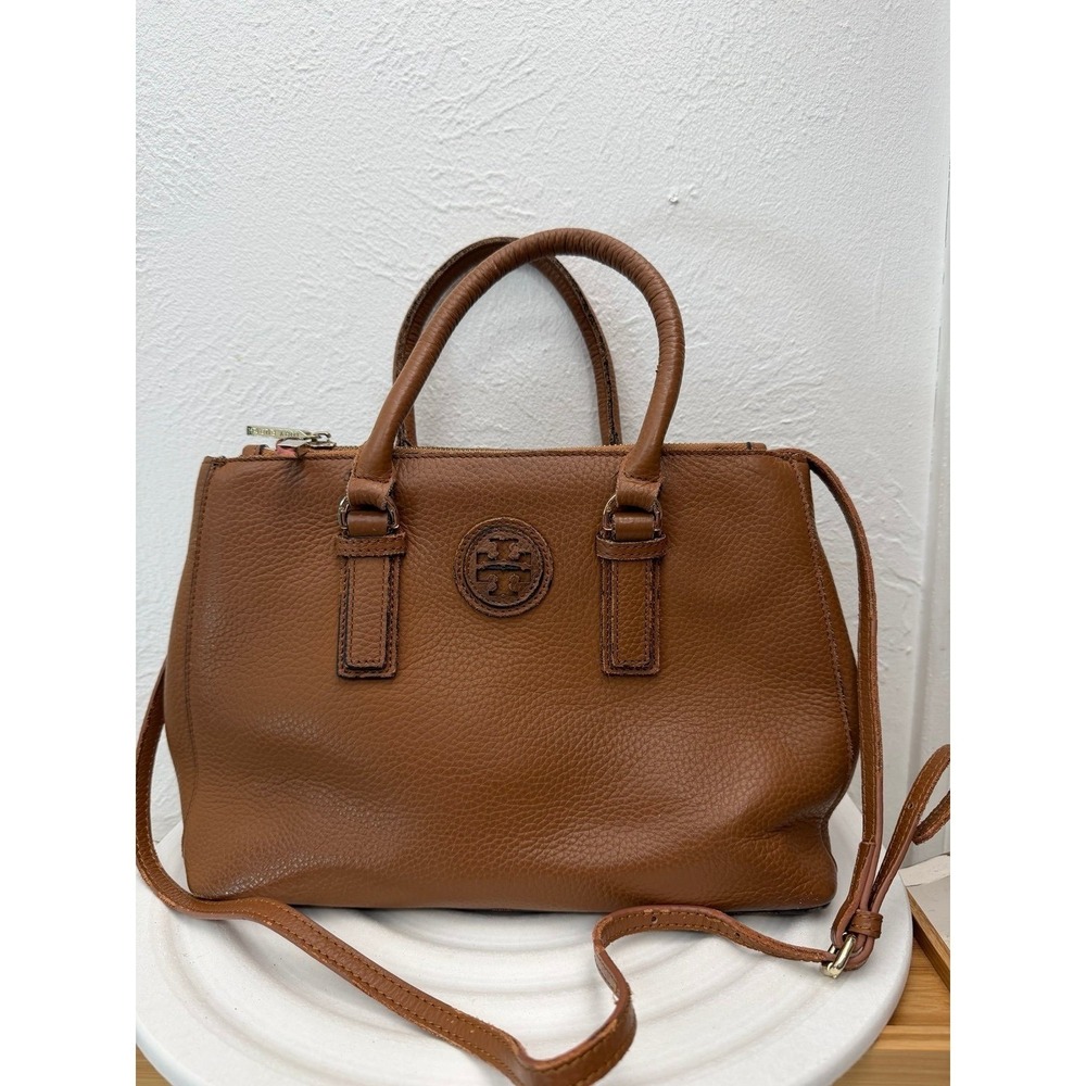 Tory Burch Brown Leather Satchel Crossbody Double Zip Logo Bag